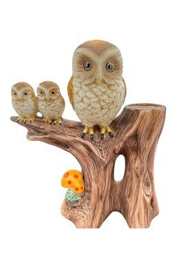 Vtg 70s Ardco Owl Family Bisque Porcelain Planter Bud Vase Tree Stump Mushroom